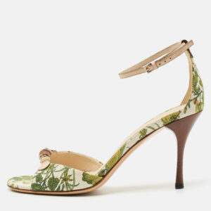 Gucci Green/Beige Printed Canvas and Leather Bamboo Horsebit Ankle Strap Sandals Size 39