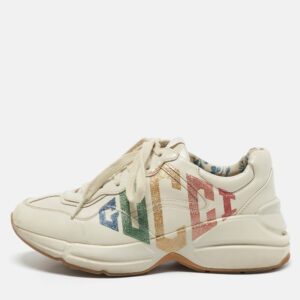 Gucci Cream Leather Glitter Logo Rhyton Sneakers Size 37.5