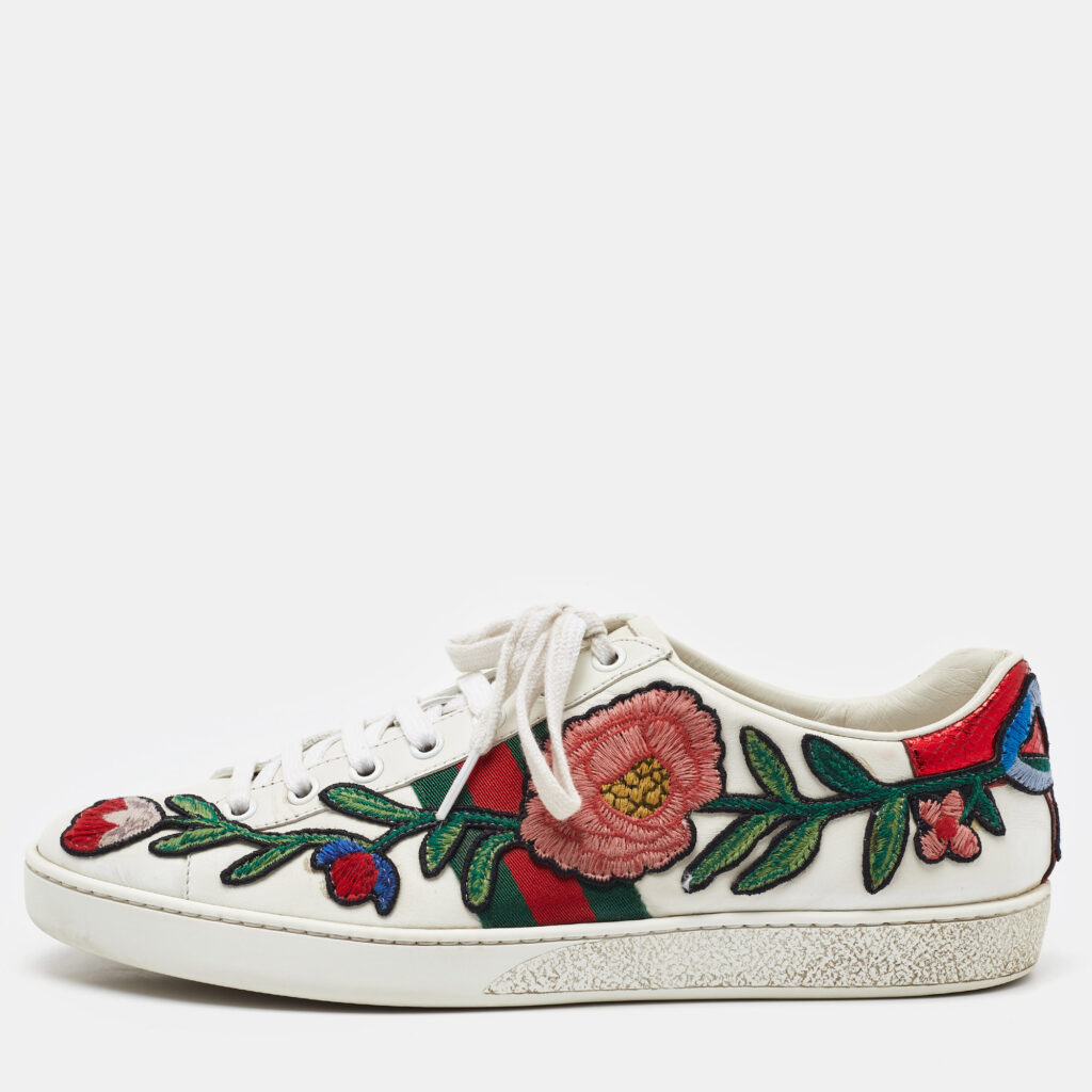 luxury-women-gucci-used-shoes-p1163707-005 Gucci White Leather Ace Floral Embroidered Low Top Sneakers Size 40