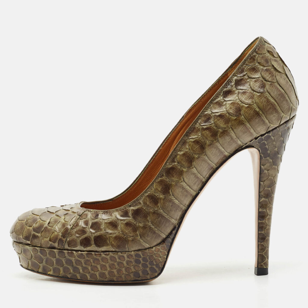 Gucci Olive Green Python Leather Platform Pumps Size 36.5