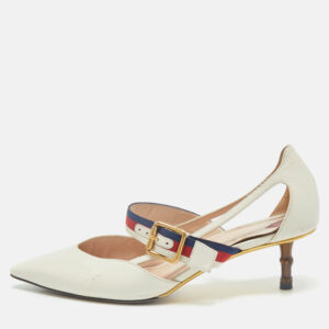 Gucci Cream Leather Sylvie Web Strap Bamboo Heel Unia Pumps Size 37.5