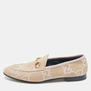 Gucci Beige/Pink GG Canvas and Leather Jordaan Horsebit Loafers Size 41