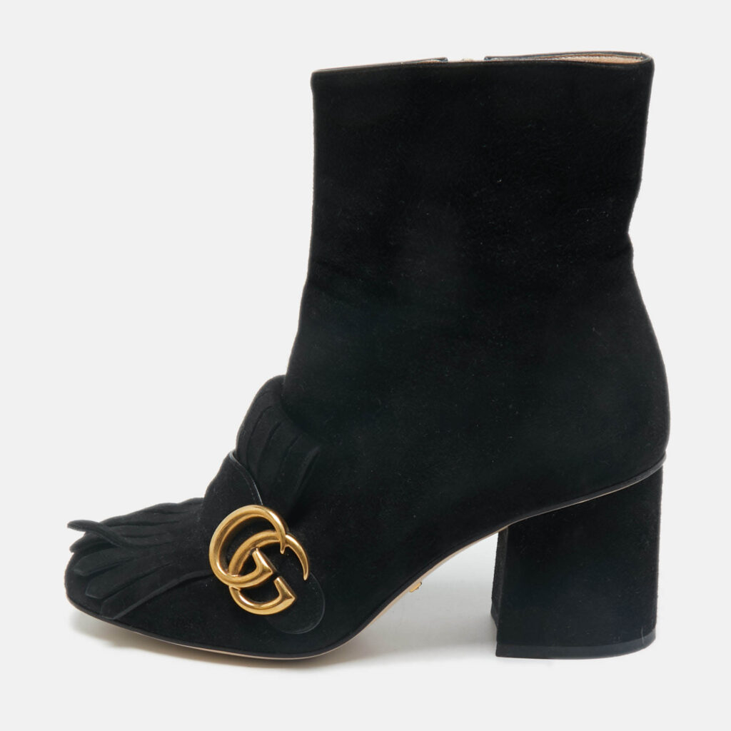 luxury-women-gucci-used-shoes-p1164904-001 Gucci Black Suede GG Marmont Fringe Block Heel Ankle Length Boots Size 36
