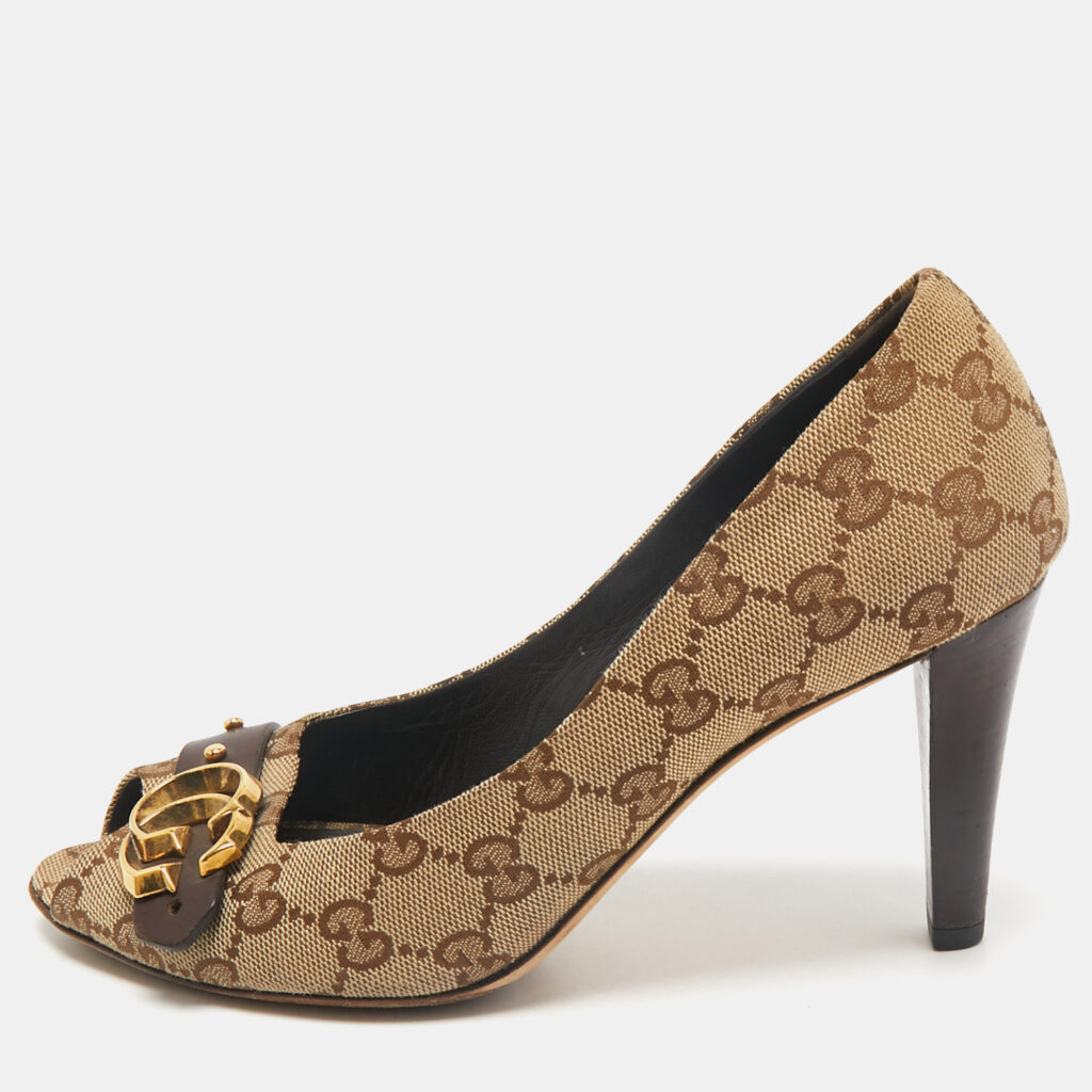 Gucci Beige/Brown GG Canvas and Leather Logo Peep Toe Pumps Size 37.5