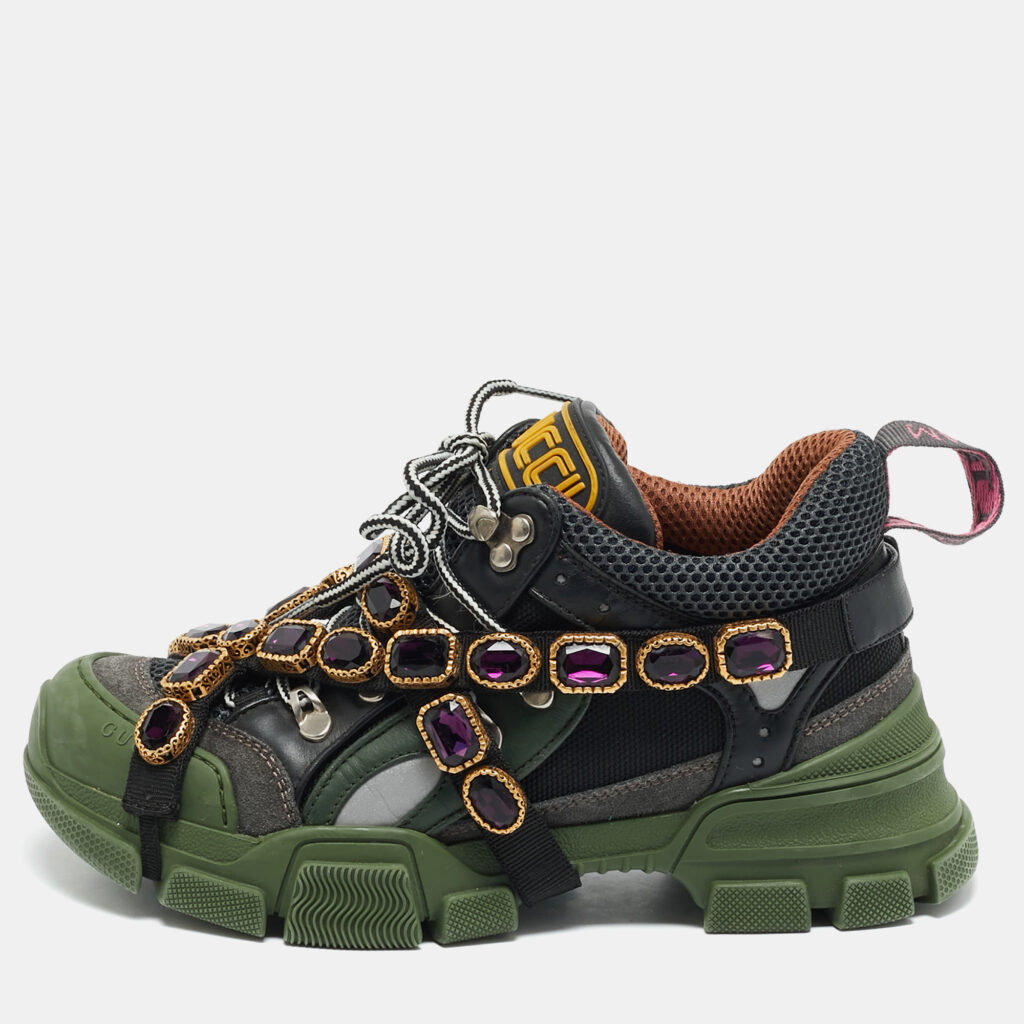 luxury-women-gucci-used-shoes-p1165854-001.jpg Gucci Multicolor Mesh, Suede and Leather Flashtrek Chunky Sneakers Size 37