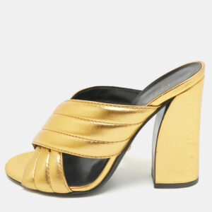 Gucci Metallic Gold Leather Webby Slide Sandals Size 39.5