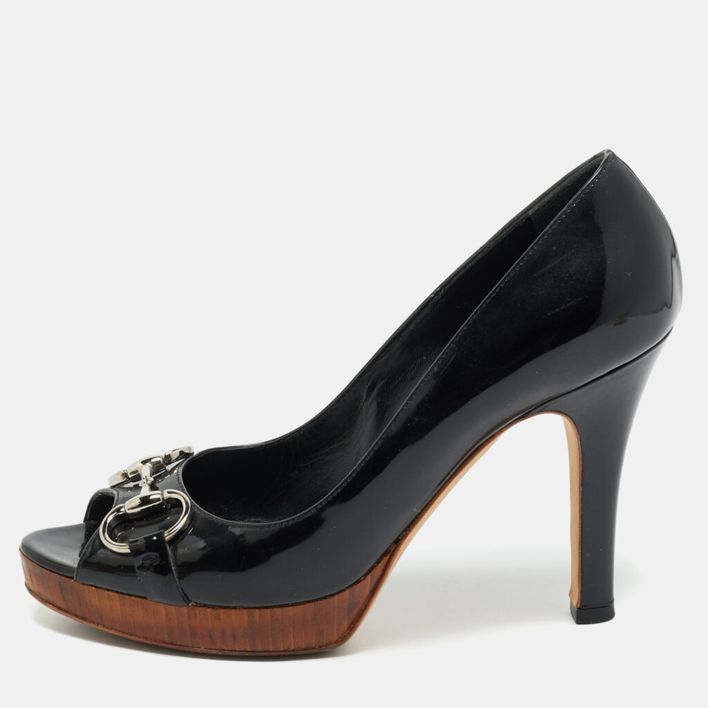 luxury-women-gucci-used-shoes-p1166405-001 Gucci Black Patent Leather Peep Toe Platform Pumps Size 38
