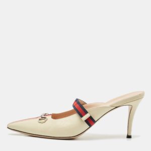 Gucci Cream/Red Leather Emma Web Strap Horsebit Mules Size 40.5