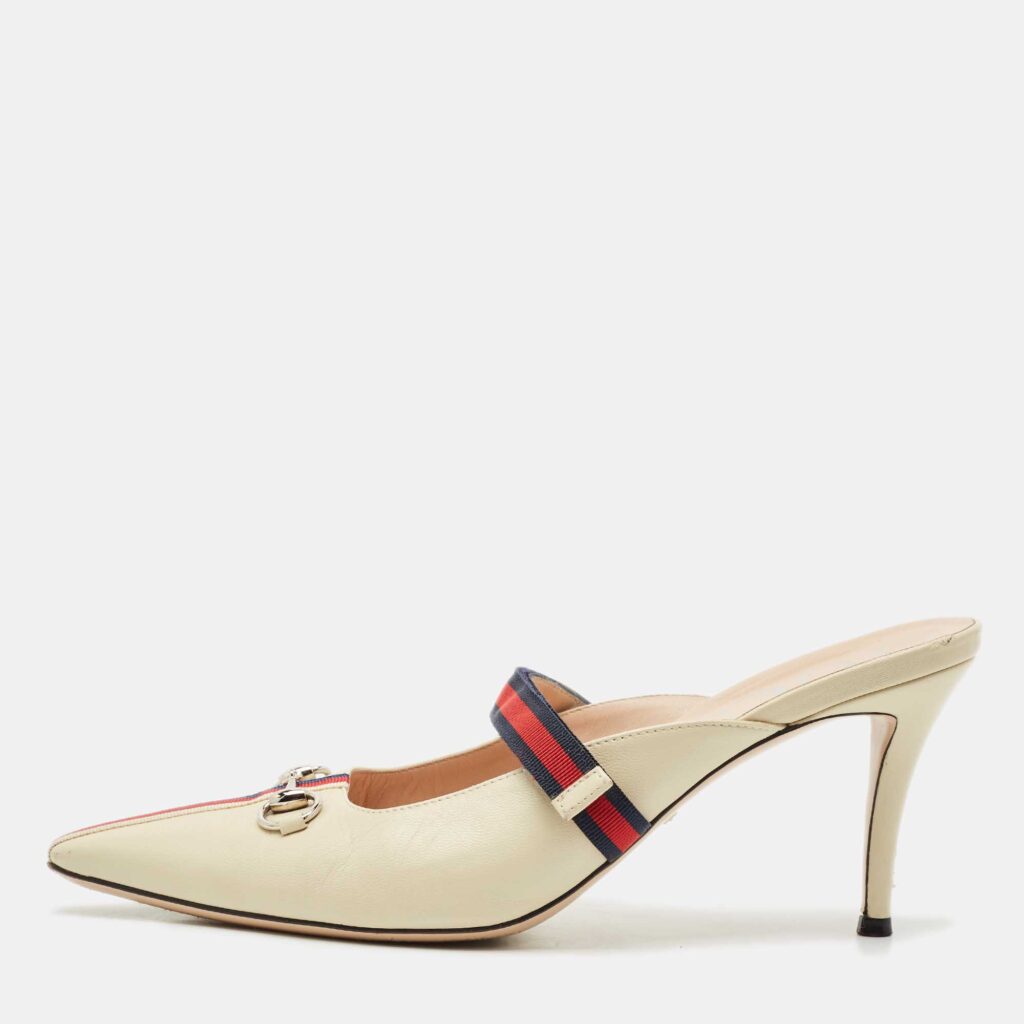 luxury-women-gucci-used-shoes-p1166441-003 Gucci Cream/Red Leather Emma Web Strap Horsebit Mules Size 40.5