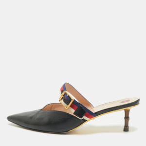 gucci black leather web pointed toe bamboo heel mules size 40.5