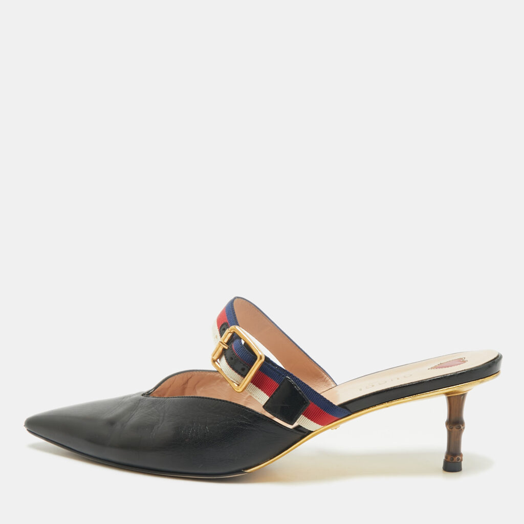 luxury-women-gucci-used-shoes-p1166587-001.jpg Gucci Black Leather Web Pointed Toe Bamboo Heel Mules Size 40.5