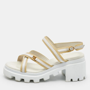 Gucci White/Cream Leather Ankle Strap Block Heel Platform Sandals Size 37