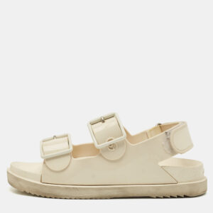 Gucci Off White Rubber Double G Logo Dusty Ankle Strap Flat Sandals Size 36