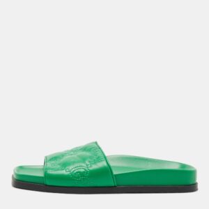 Gucci Green Leather GG Matelass&egrave; Embroidered Flat Slide Sandals Size 38