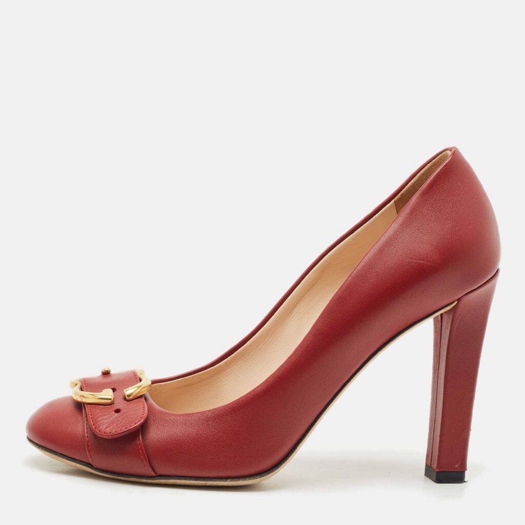 luxury-women-gucci-used-shoes-p1170361-003 Gucci Red Leather GG Buckle Pumps Size 38.5