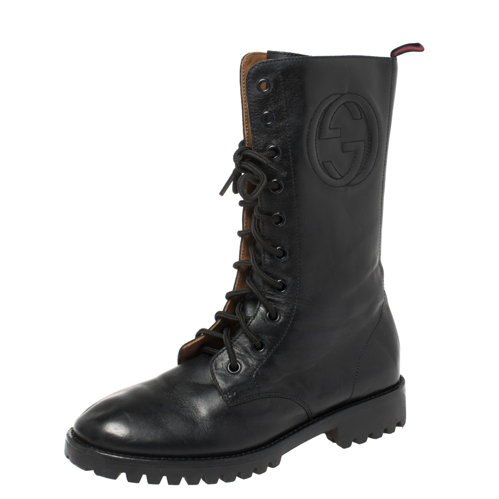 luxury-women-gucci-used-shoes-p367387-007 Gucci Deep Navy Leather Combat Boots Size 35