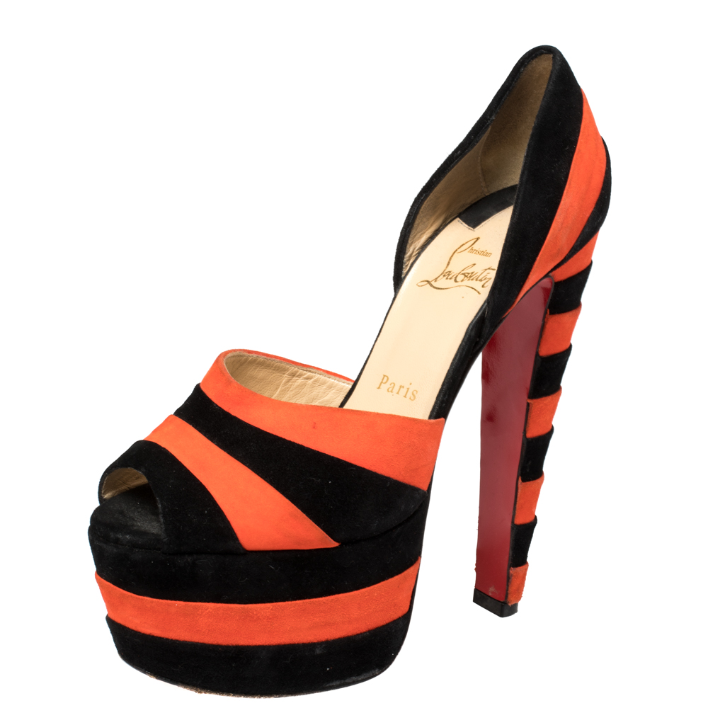 luxury-women-gucci-used-shoes-p371175-009 Christian Louboutin Black/Orange Suede Striped Platform Peep Toe Sandals Size 36
