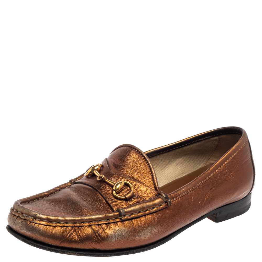 luxury-women-gucci-used-shoes-p380949-004 Gucci Metallic Gold Leather Horsebit Loafers Size 36