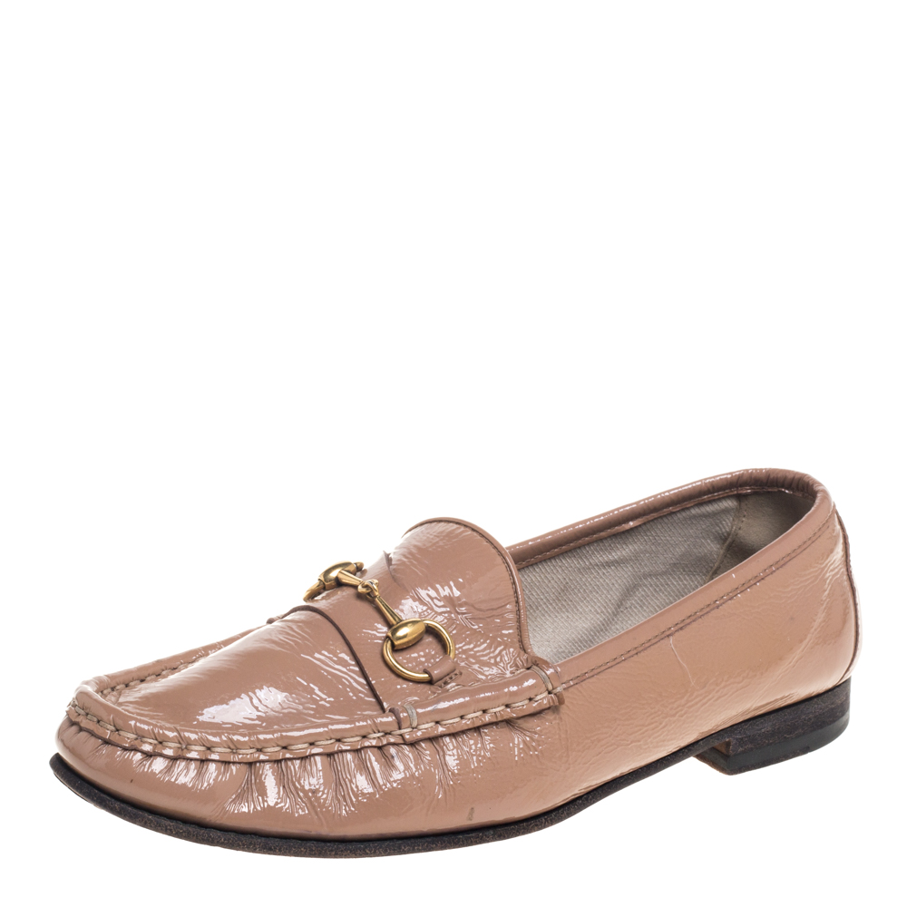 luxury-women-gucci-used-shoes-p386730-007 Gucci Beige Patent Leather Horsebit Slip On Loafers Size 38