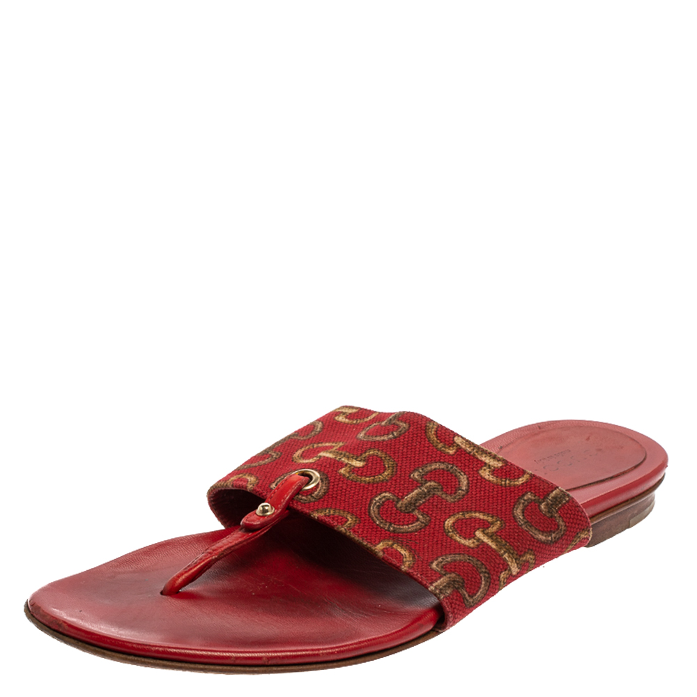 luxury-women-gucci-used-shoes-p391165-004 Gucci Red Canvas And Leather Thong Flats Sandals Size 36.5