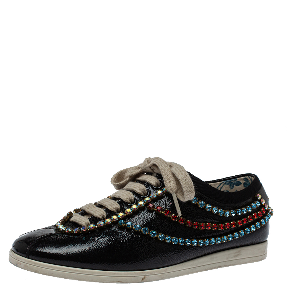 luxury-women-gucci-used-shoes-p392342-001 Gucci Black Leather Crystal Trim Sneakers Size 35