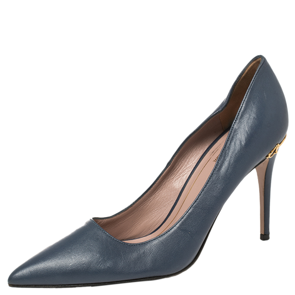 luxury-women-gucci-used-shoes-p404649-008 Gucci Blue Leather Adina Horsebit Pointed Toe Pumps Size 36
