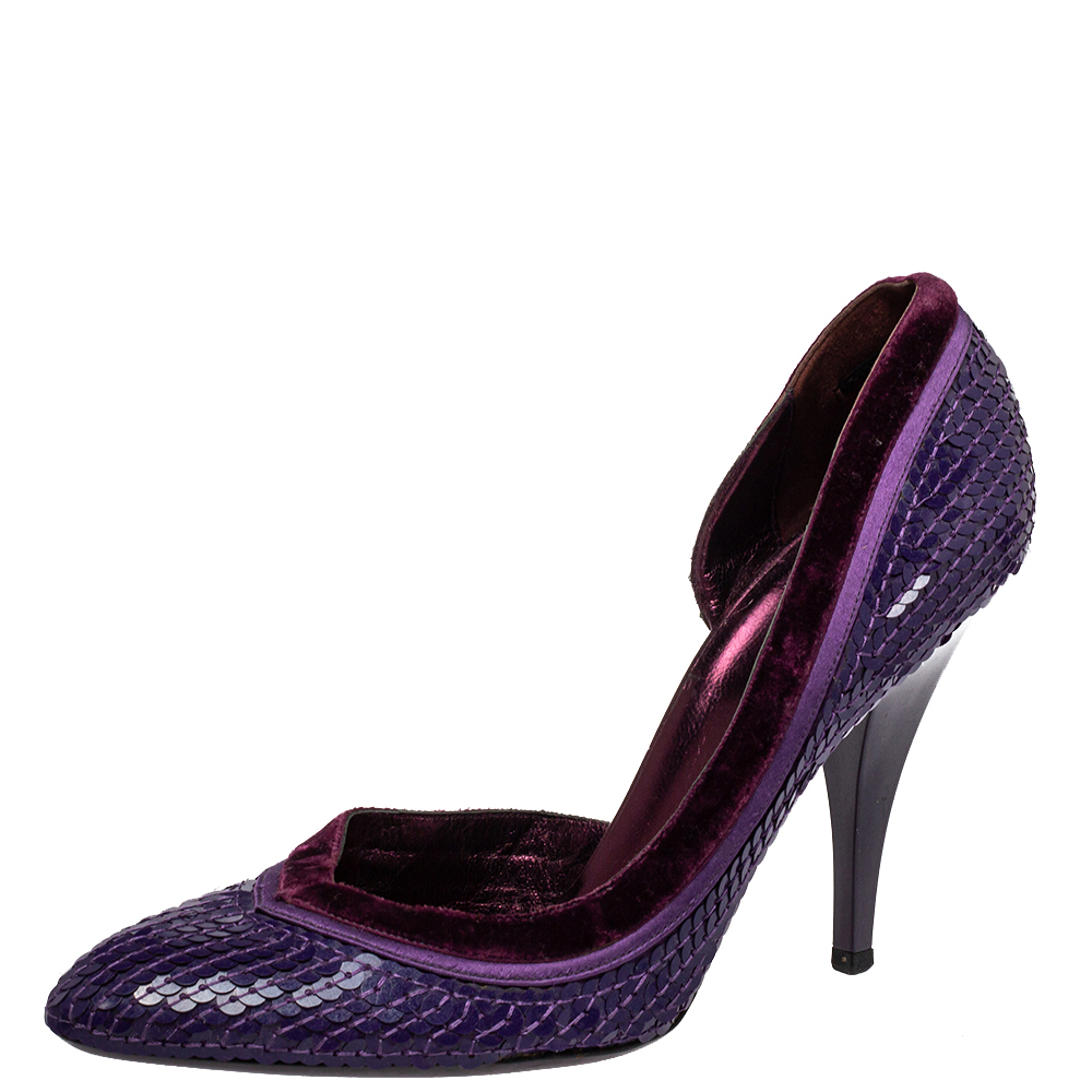 luxury-women-gucci-used-shoes-p413950-002 Gucci Purple Sequined Satin And Velvet Half D'orsay Pumps Size 38.5