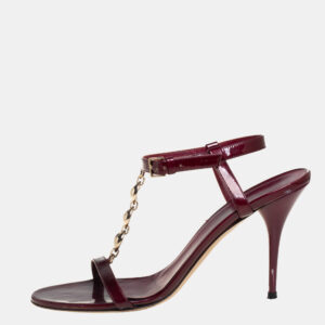 Gucci Maroon Patent Leather Chain T-Strap Ankle Strap Sandals Size 40