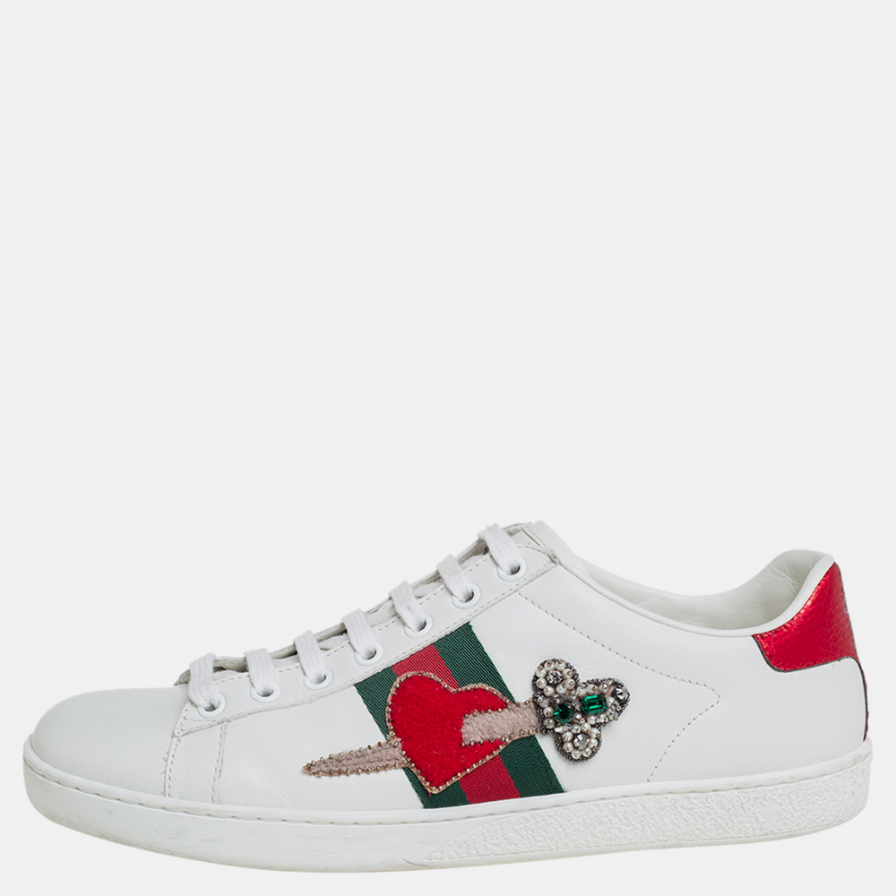 Gucci White Leather Ace Embellished Low Top Sneakers Size 39