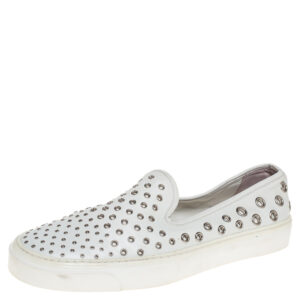 Gucci White Leather Eyelet Embellished Slip On Sneakers Size 38.5