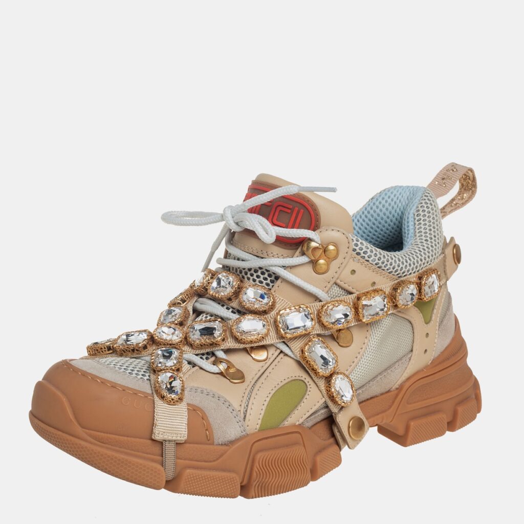 luxury-women-gucci-used-shoes-p432045-010 Gucci Beige/Grey Leather And Mesh Flashtrek Removable Crystals Sneaker Size 39