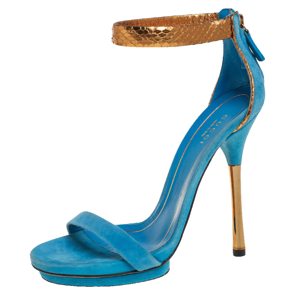 luxury-women-gucci-used-shoes-p453093-007 Gucci Blue/Gold Suede and Python Leather Kelis Ankle Strap Platform Sandals Size 36