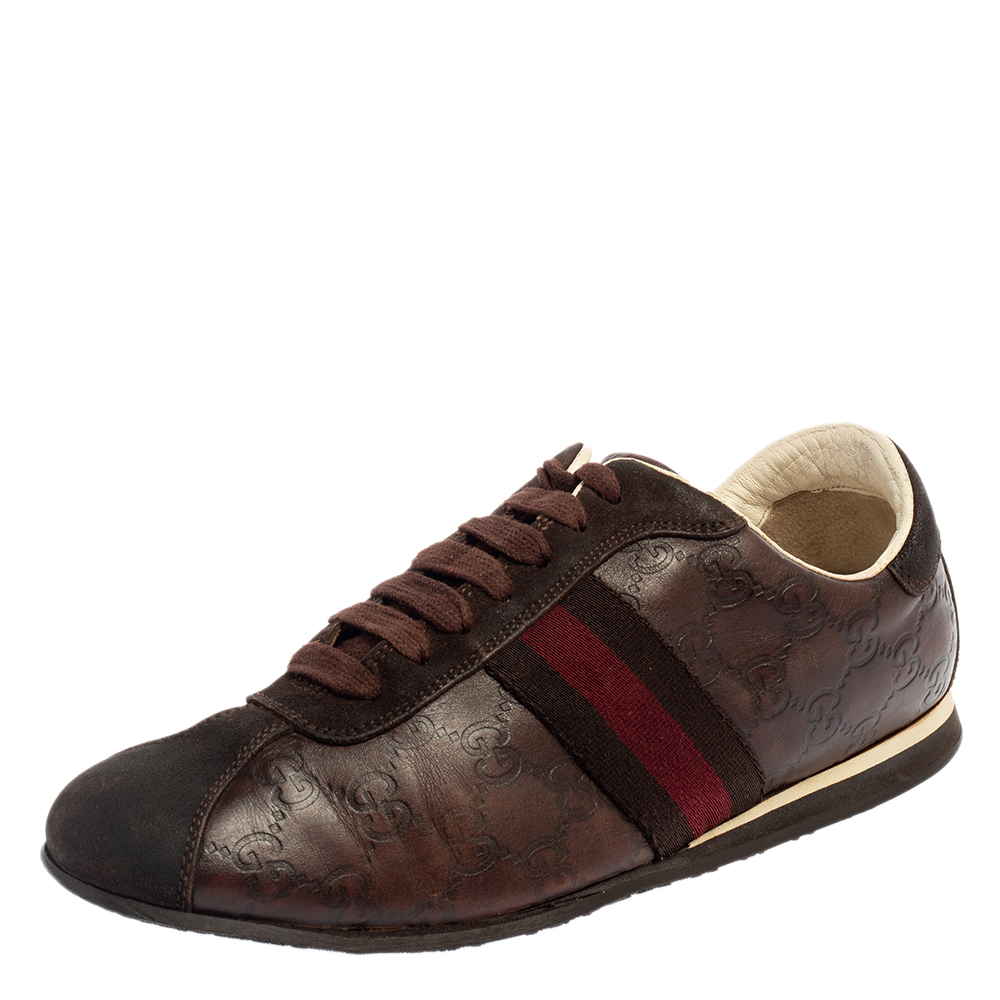 luxury-women-gucci-used-shoes-p458302-006 Gucci Brown Guccissima Leather And Suede Lace Up Sneakers Size 40