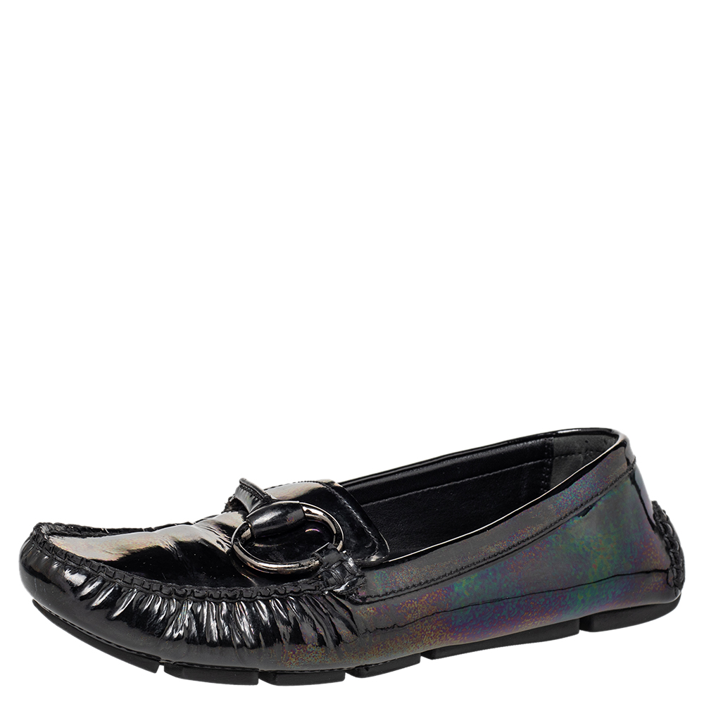 luxury-women-gucci-used-shoes-p466166-008 Gucci Multicolor Iridescent Patent Leather Horsebit Slip On Loafers Size 38