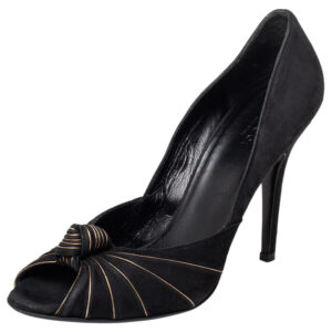 Gucci Black/Gold Suede Knotted Peep Toe Pumps Size 38.5