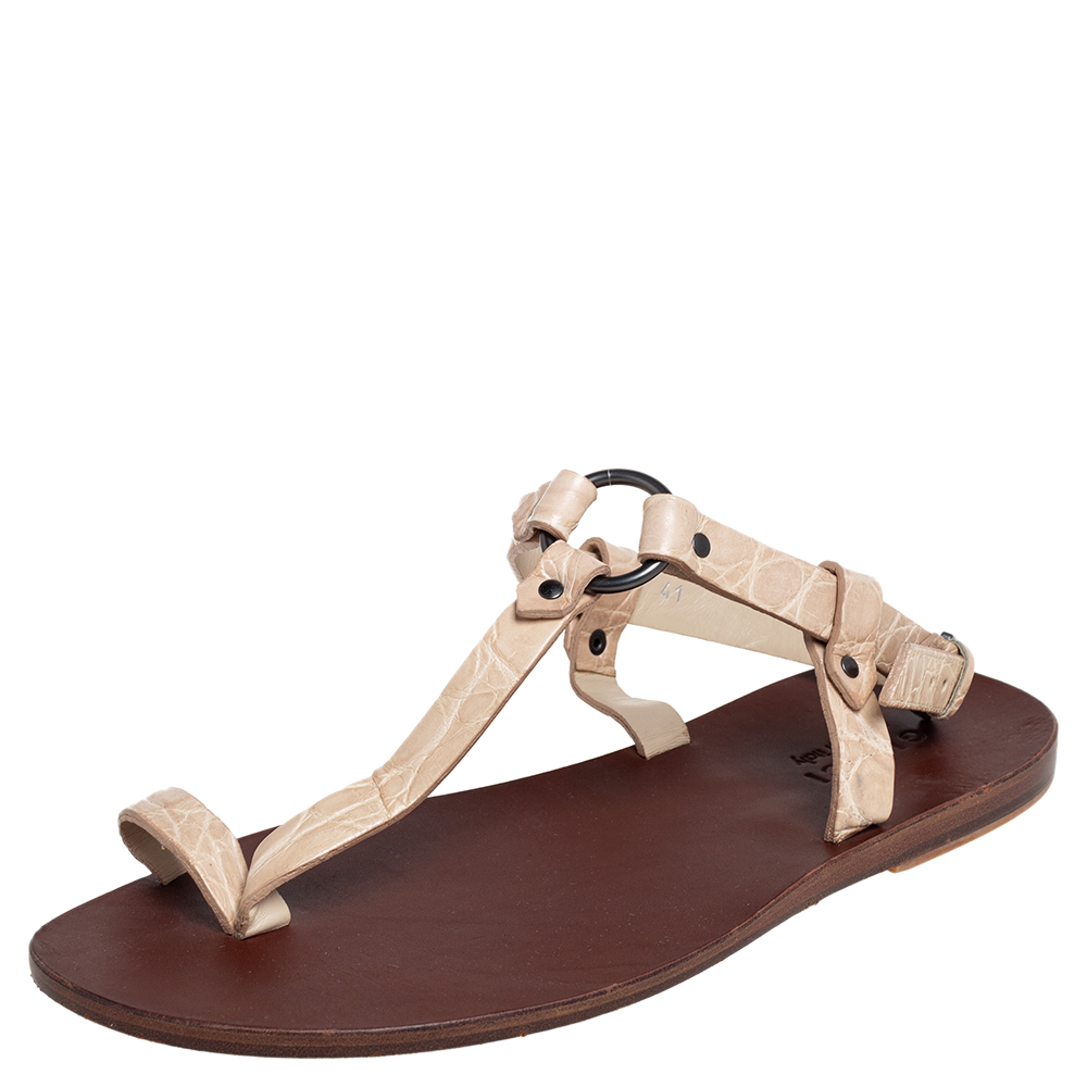 luxury-women-gucci-used-shoes-p488858-003 Gucci Light Cream Crocodile Toe Ring Sling Buckle Flat Sandals Size 41