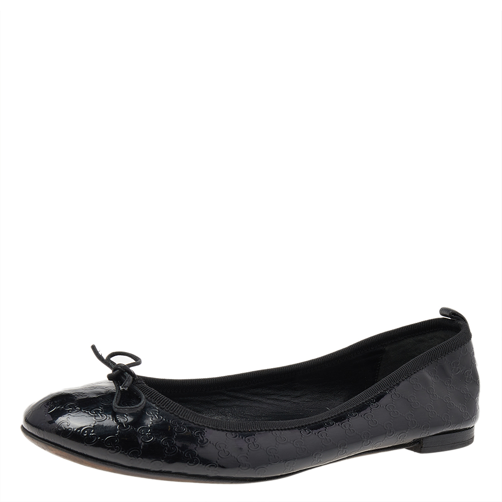 luxury-women-gucci-used-shoes-p492192-006 Gucci Black Micro Guccissima Patent Leather Bow Detail Ballet Flats Size 39