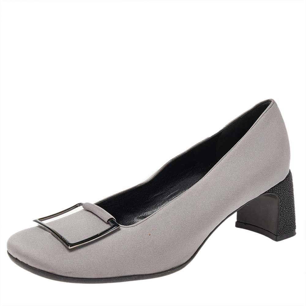 luxury-women-gucci-used-shoes-p492231-006 Gucci Grey Fabric Square Toe Metal Trim Block Heel Pumps Size 37.5