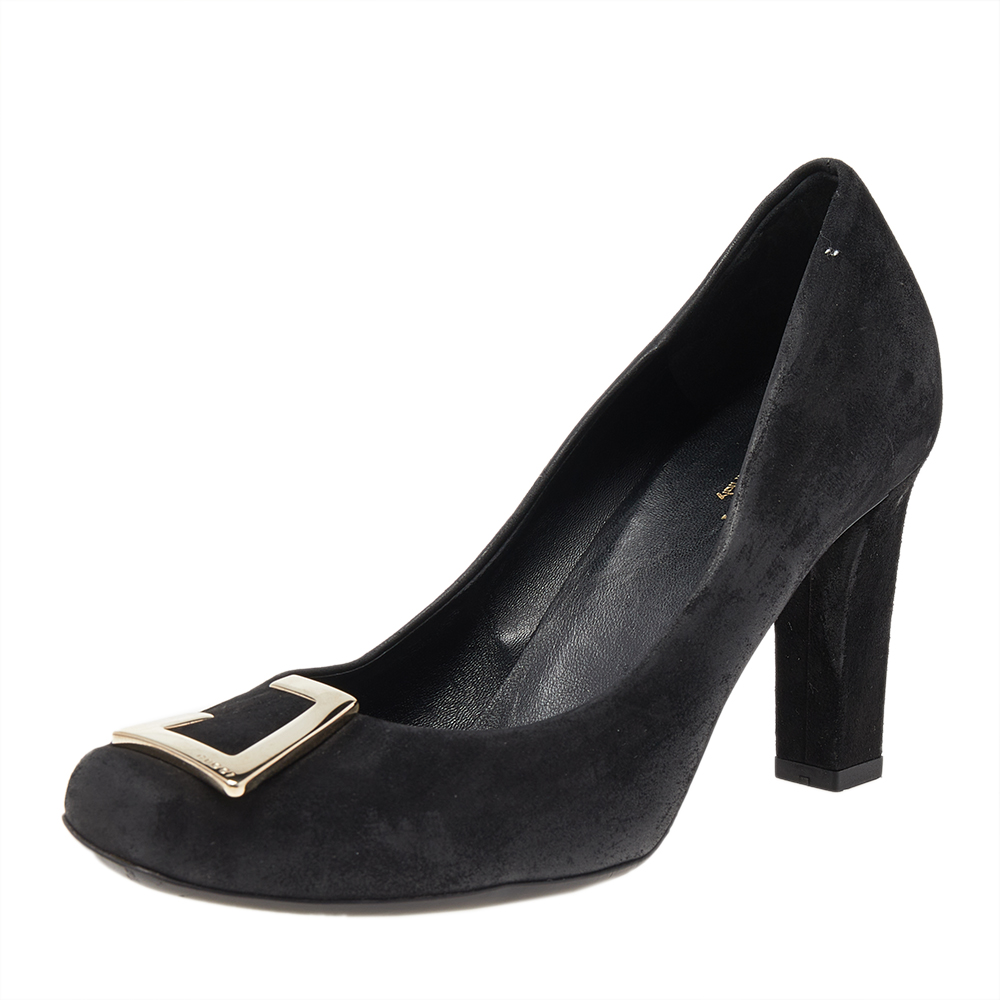 luxury-women-gucci-used-shoes-p492236-006 Gucci Black Suede Square Toe Metal Trim Pumps Size 36