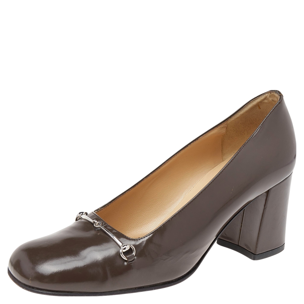 luxury-women-gucci-used-shoes-p499556-007 Gucci Brown Leather Horsebit Block Heel Pumps Size 37