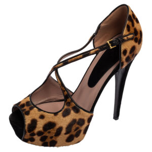 Gucci Black/Brown Leopard Print Pony Hair Platform Peep Toe Sandals Size 39
