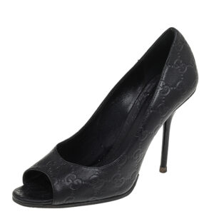 Gucci Black Guccissima Leather Peep Toe Pumps Size 38
