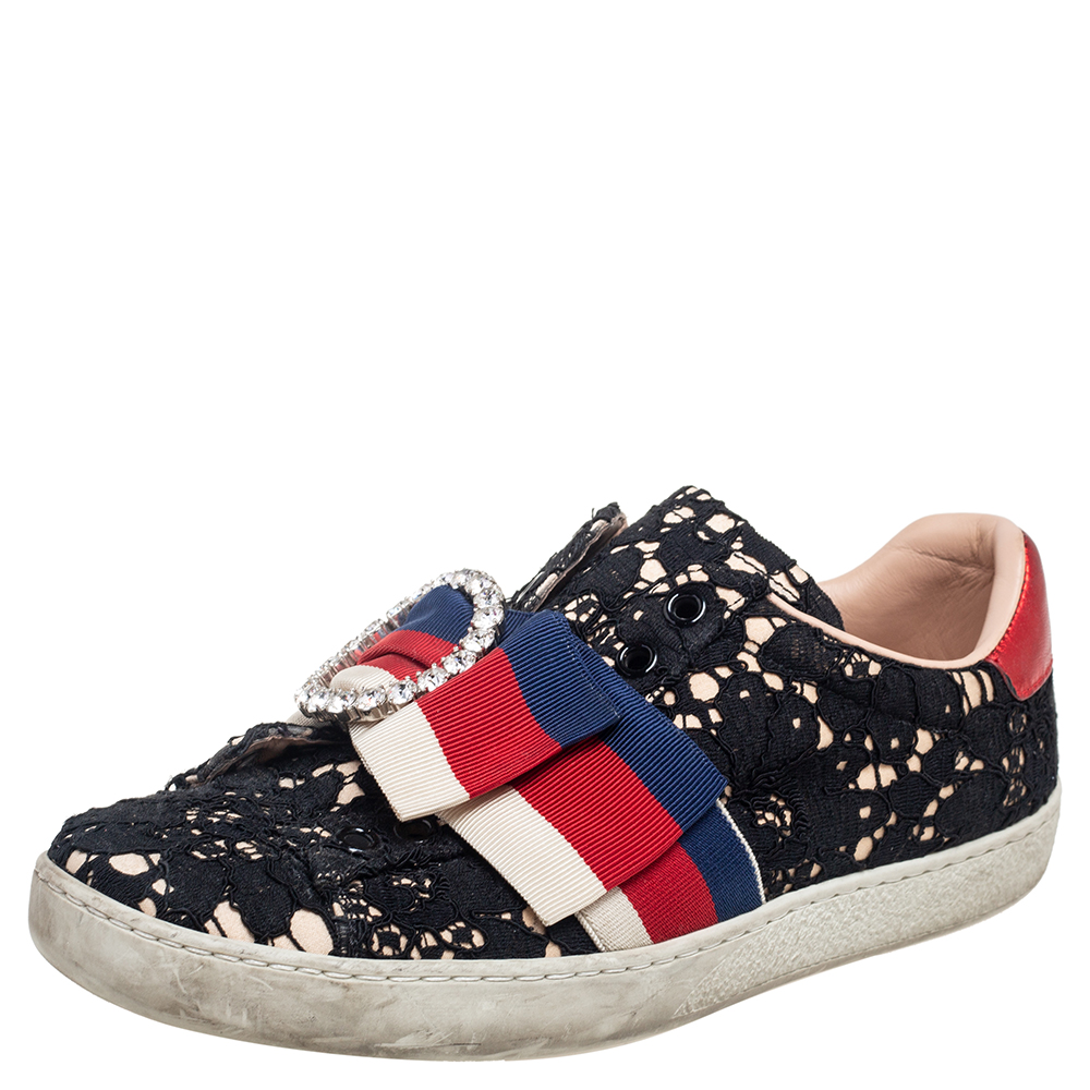 luxury-women-gucci-used-shoes-p535763-003 Gucci Black Lace Ace Web Crystal Embellished Slip On Sneakers Size 34.5