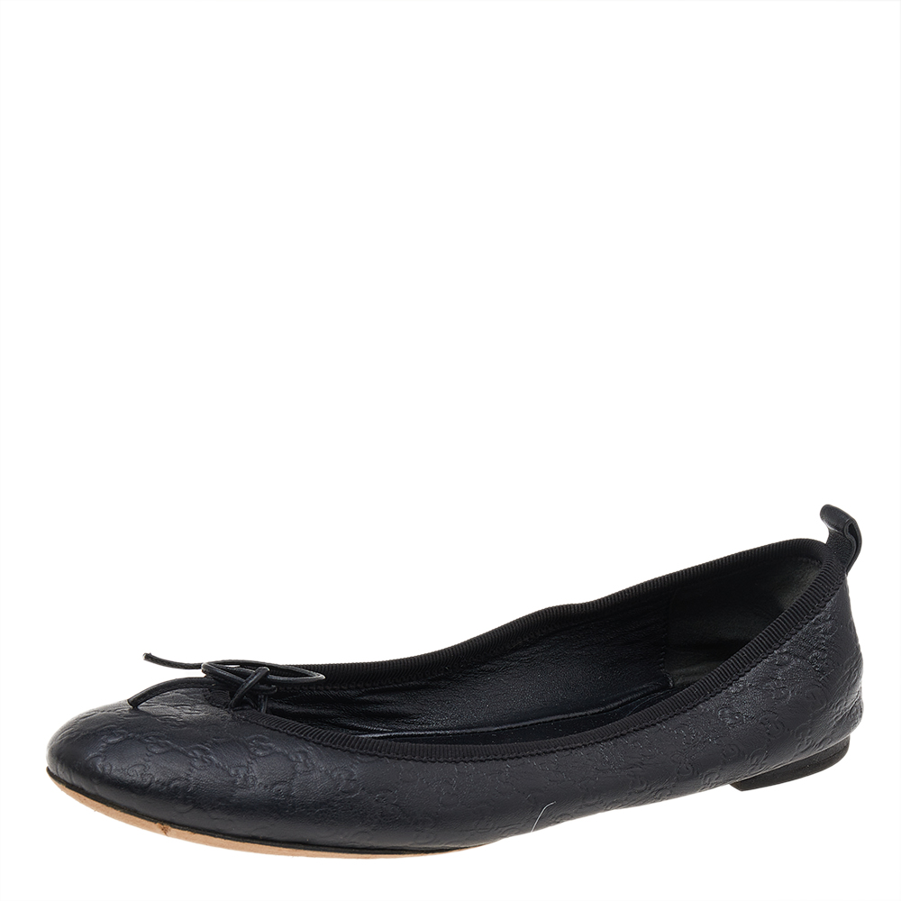 luxury-women-gucci-used-shoes-p541211-006-2 Gucci Black Guccissima Leather Bow Ballet Flats Size 36