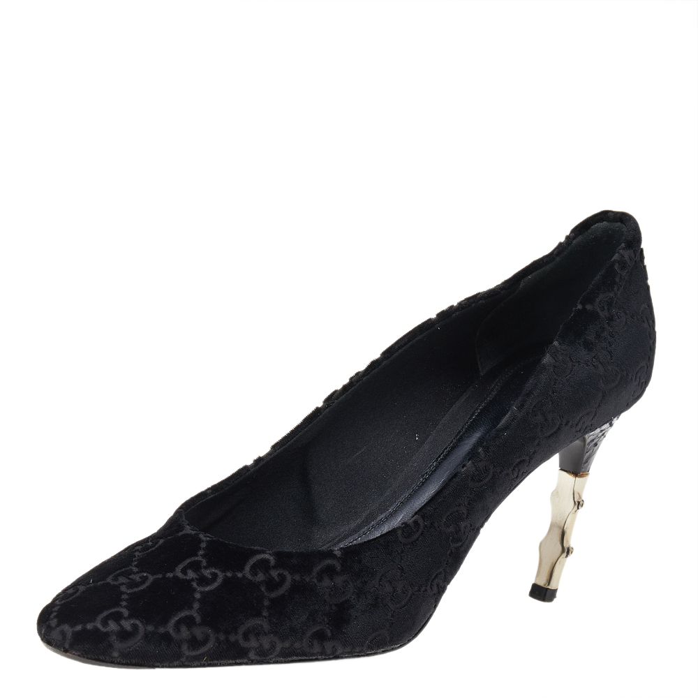 luxury-women-gucci-used-shoes-p542698-007-1 Gucci Black GG Velvet Bamboo Pumps Size 39