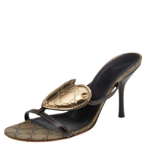 Gucci Brown/Gold GG Leather Crest Slide Sandals Size 39