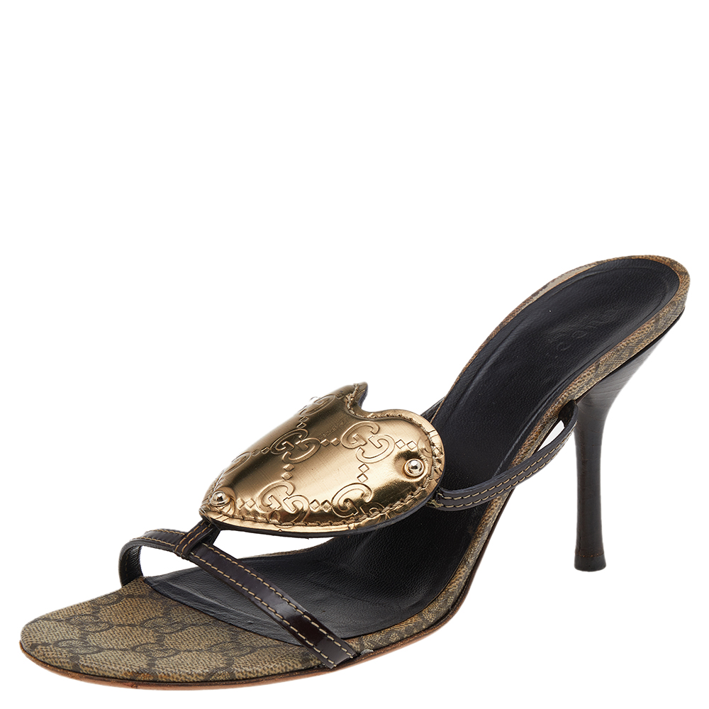 luxury-women-gucci-used-shoes-p551470-005-1 Gucci Brown/Gold GG Leather Crest Slide Sandals Size 39