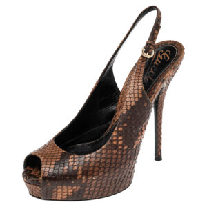 Gucci Brown Python Leather Sofia Platform Peep Toe Slingback Sandals Size 37.5