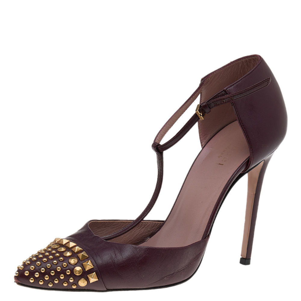 luxury-women-gucci-used-shoes-p561653-007 Gucci Burgundy Leather Coline Studded T Strap Pumps Size 38