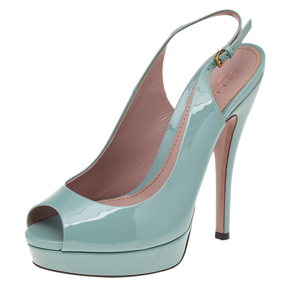 Gucci Green Patent Leather Peep Toe Slingback Sandals Size 37.5